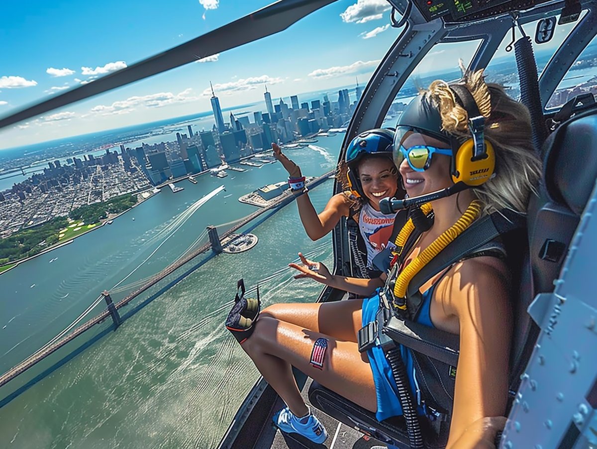 Vue sur l’East River et le pont de Brooklyn pendant le survol de New York en hélicoptère