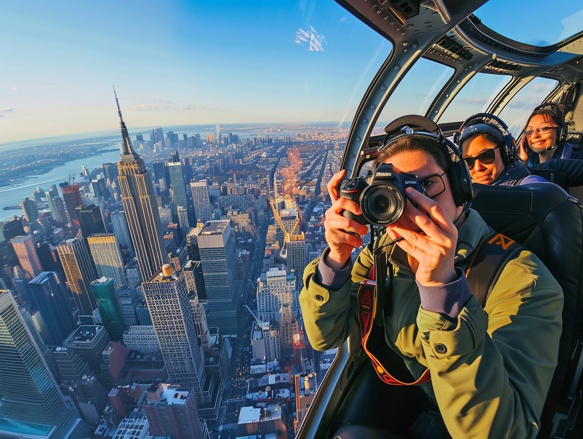 Passagers photographiant Midtown et l’Empire State Building depuis l’hélicoptère