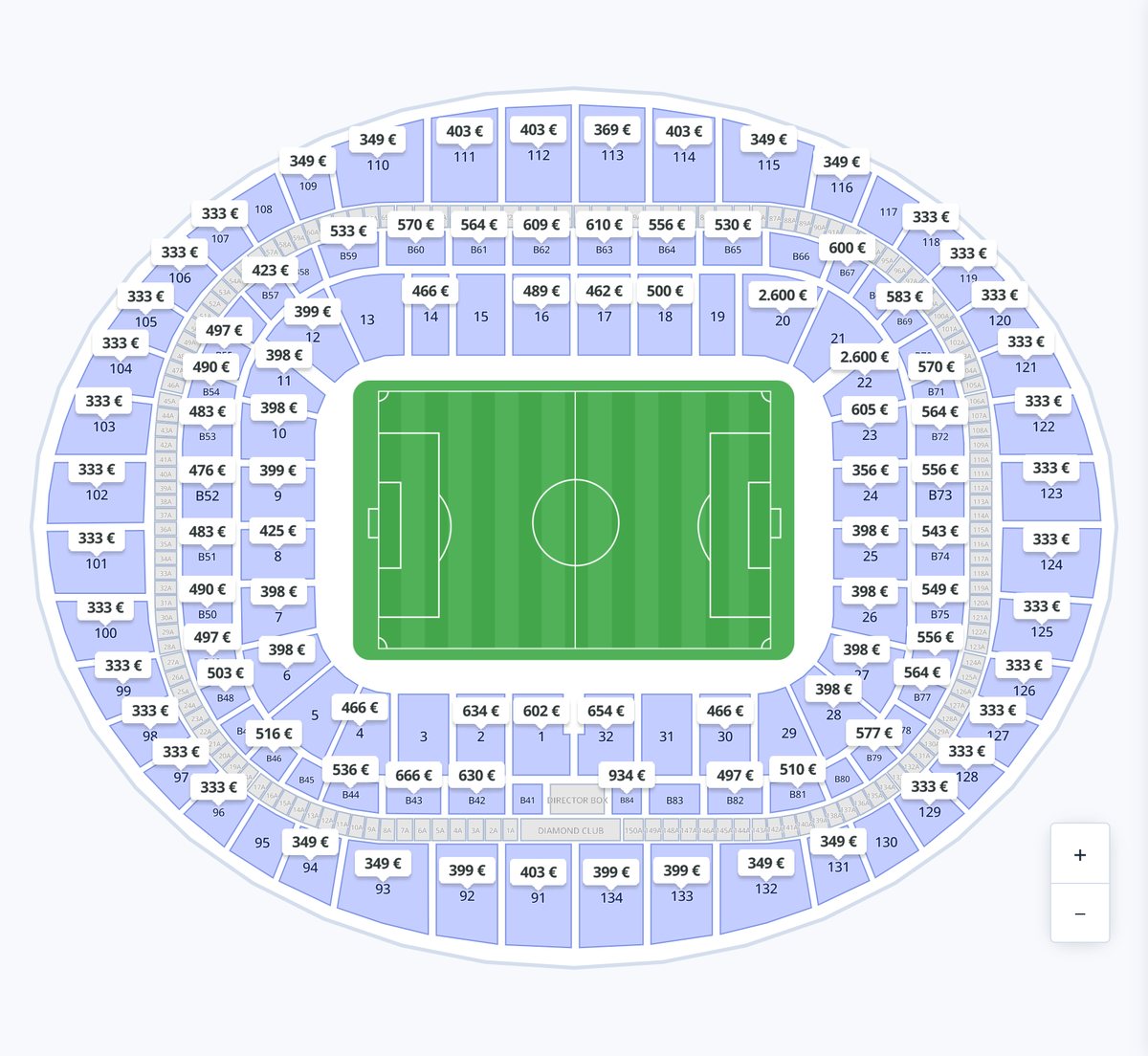 Plan de l’Emirates Stadium sur Hellotickets avec les prix par tribune pour un match d’Arsenal 2026-2027