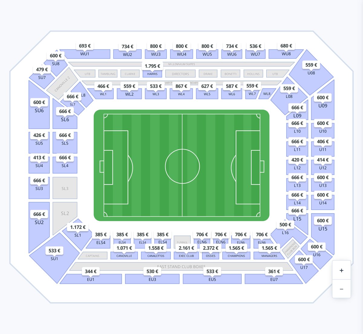 Plan de Stamford Bridge sur Hellotickets avec les prix par tribune pour un match de Chelsea 2026-2027