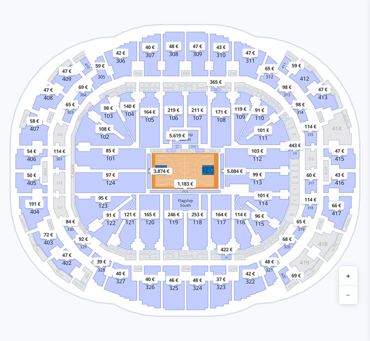 Plan du Kaseya Center sur Hellotickets avec les prix par tribune pour un match du Miami Heat 2026-2027