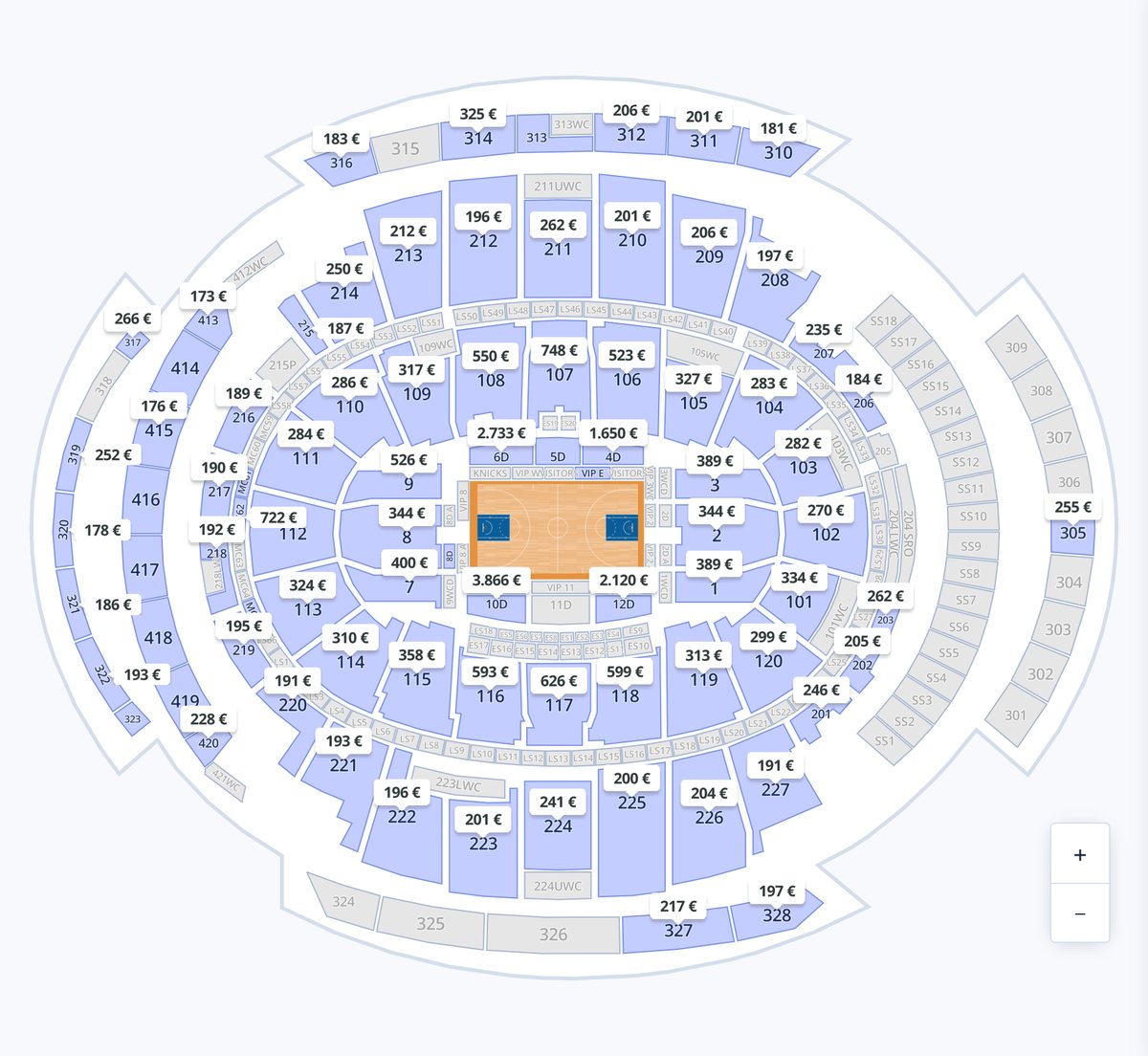Plan du Madison Square Garden sur Hellotickets avec les prix par tribune pour un match des Knicks 2026-2027