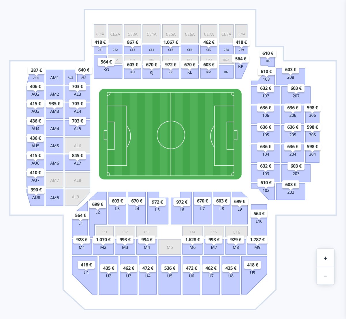 Plan d’Anfield sur Hellotickets avec les prix par tribune pour un match de Liverpool 2026-2027